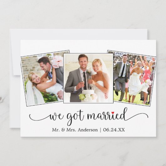 We Got Married Calligraphy Red Heart 3 Photo 案内状 (正面)