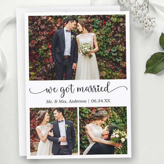 We Got Married Heart Calligraphy 3 Photo Wedding 案内状