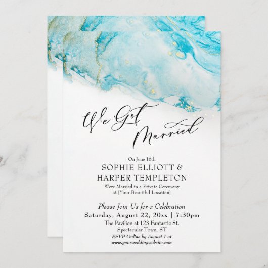 We Got Married Teal & Gold Ink Reception Only 招待状 (正面/裏面)