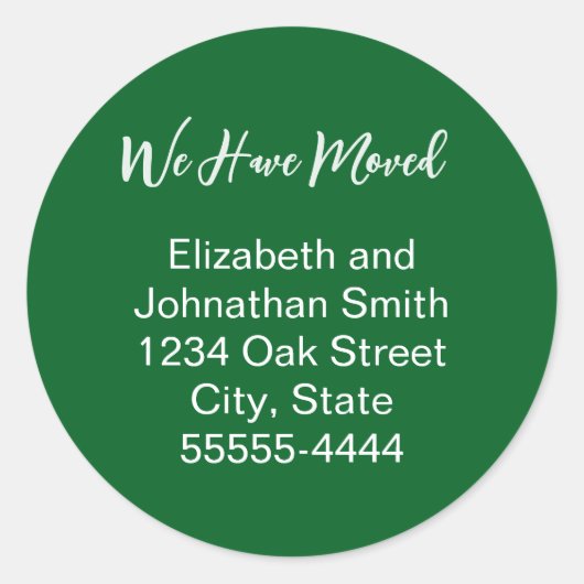 We Have Moved Script Green Moving Announcement ラウンドシール (正面)