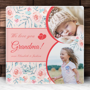 We Love Grandma Pink Floral Valentine's Day Photo ガラスコースター