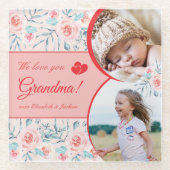 We Love Grandma Pink Floral Valentine's Day Photo ガラスコースター (正面)