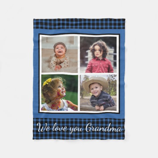We Love You Grandma 4 Photo Collage Blue  Plaid  フリースブランケット (正面)