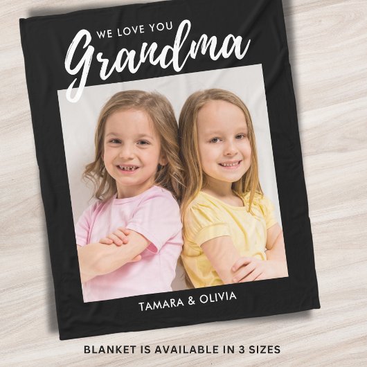 We Love You Grandma One Photo Personalized Black フリースブランケット