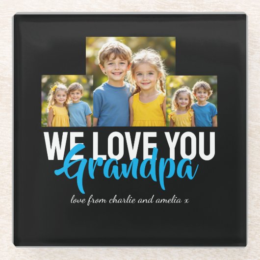 WE LOVE YOU Grandpa Photo Collage Blue Script ガラスコースター (正面)