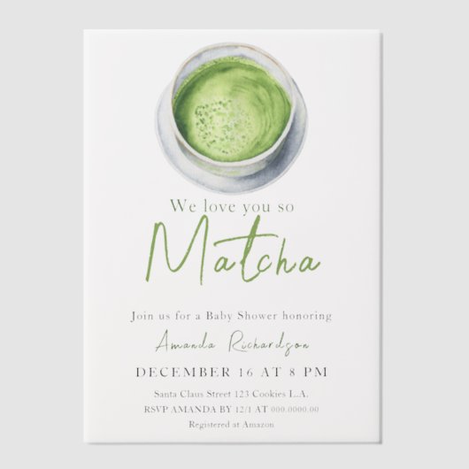 We love you so Matcha Baby Shower ベラム紙招待状 (正面)