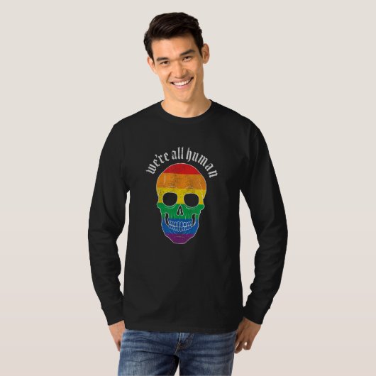 We re All Human  Gay Pride Rainbow Skull  Grunge Tシャツ (正面フル)