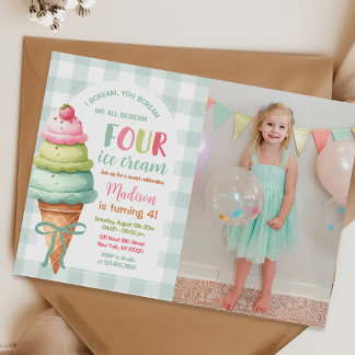 We Scream Four Ice Cream Bow 4th Birthday Photo 招待状