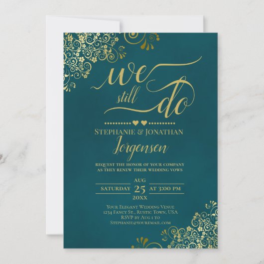 We Still Do Elegant Dark Teal & Gold Vow Renewal 招待状 (正面)