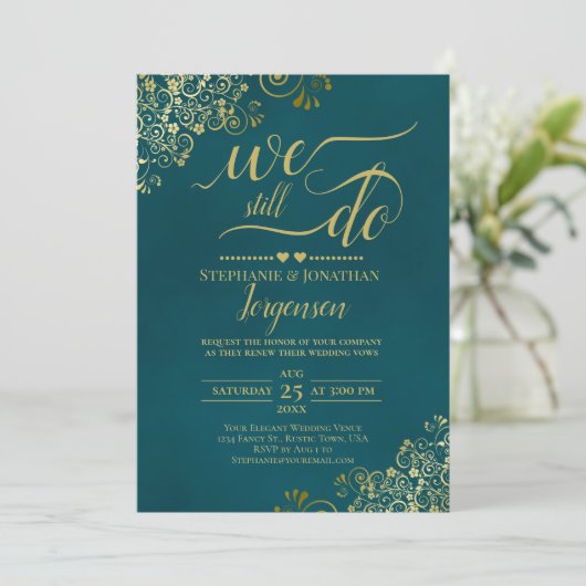 We Still Do Elegant Dark Teal & Gold Vow Renewal 招待状 (スタンド正面)