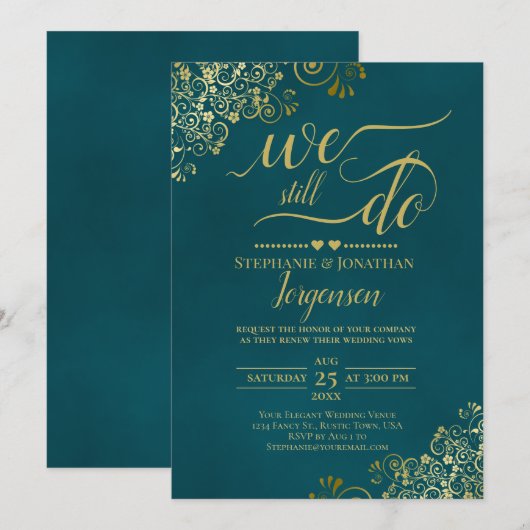 We Still Do Elegant Dark Teal & Gold Vow Renewal 招待状 (正面/裏面)