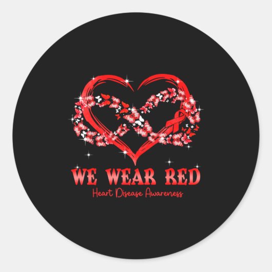 We Wear Red Butterfly Heart Heart Disease Awarenes ラウンドシール (正面)