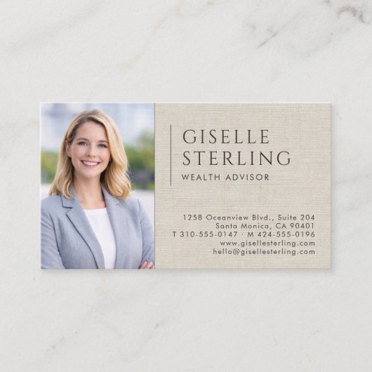 Wealth Advisor Linen Photo QR Code 名刺 (正面)