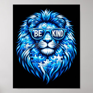 Wear Blue Autism Awareness Puzzle Lion Be Kind Men ポスター