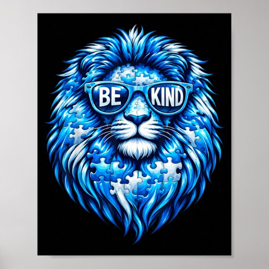 Wear Blue Autism Awareness Puzzle Lion Be Kind Men ポスター (正面)