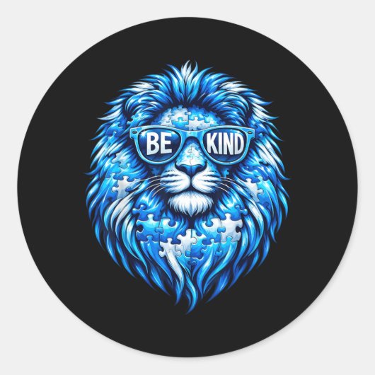 Wear Blue Autism Awareness Puzzle Lion Be Kind Men ラウンドシール (正面)
