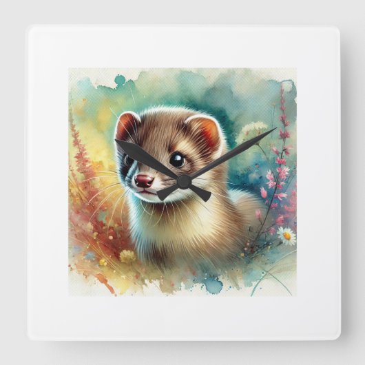 Weasel in Nature 290624AREF105 - Watercolor スクエア壁時計 (正面)