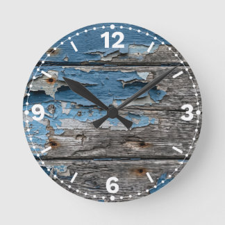 Weathered Blue Wooden Planks Rustic Decor ラウンド壁時計