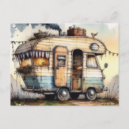 Weathered Caravan Camper RV Watercolor Style ポストカード (正面)