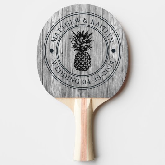 Weathered Dark Gray Pineapple Wedding Crest & Name 卓球ラケット (正面)