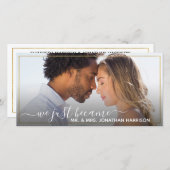 Webサイトシンプルのエレガント金ゴールドたった今結婚しました 案内状 (正面/裏面)