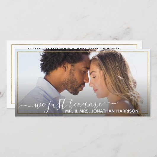 Webサイトシンプルのエレガント金ゴールドたった今結婚しました 案内状 (正面/裏面)