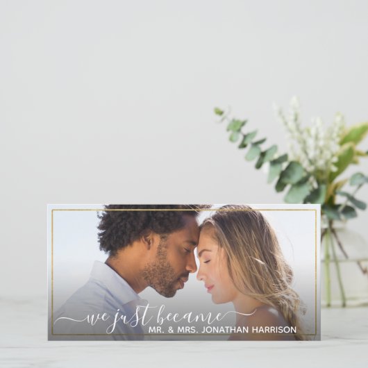 Webサイトシンプルのエレガント金ゴールドたった今結婚しました 案内状 (スタンド正面)