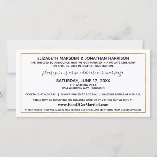 Webサイトシンプルのエレガント金ゴールドたった今結婚しました 案内状 (裏面)