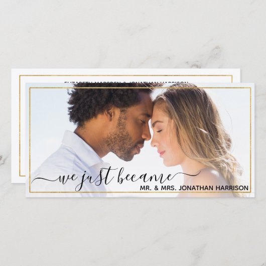 Webサイトシンプルエレガントブラック&金ゴールドたった今結婚しました 案内状 (正面/裏面)