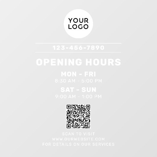 WebサイトQRコード付きビジネスロゴ&営業時間 ウィンドウサイン (シート)