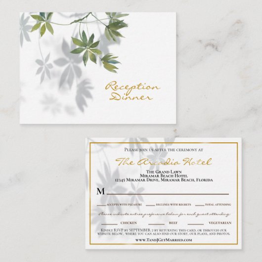 Websiteトロピカルリーフシャドウ披露宴ディナーRSVP エンクロージャーカード (正面/裏面)