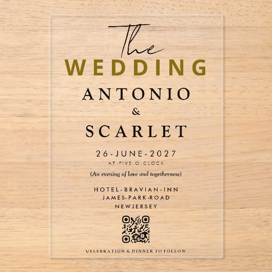 Wedding Aesthetic QR Code Elegant And minimalist アクリル招待状 (正面)