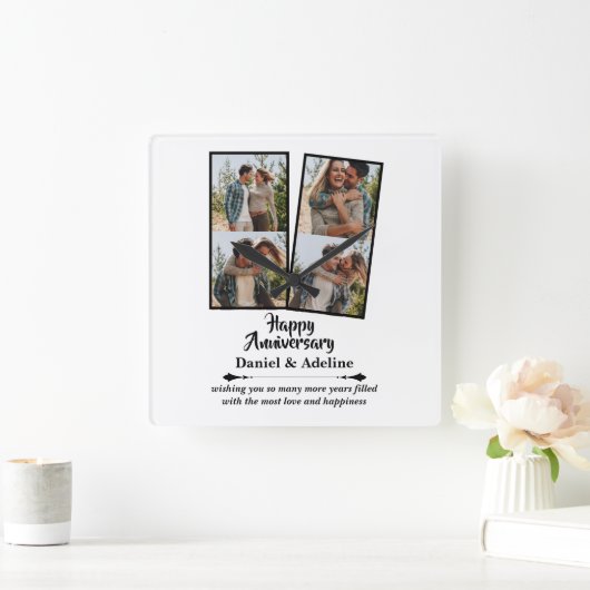 Wedding Anniversary Love 4 Photo Collage Couple スクエア壁時計 (ホーム)