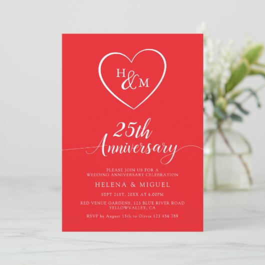 Wedding Anniversary Modern Heart Monogram Script 招待状 (スタンド正面)