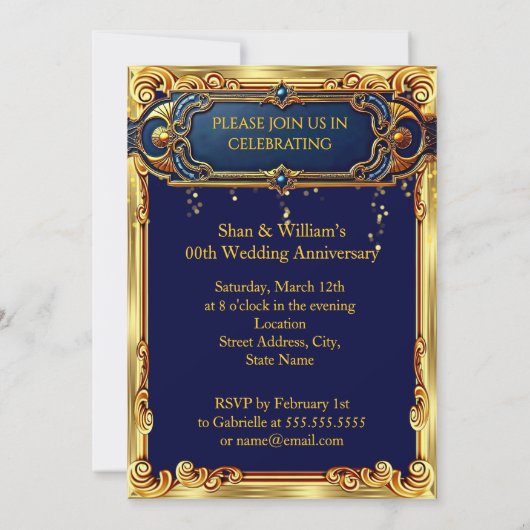 Wedding Anniversary Party Gold Blue Champagne 招待状 (裏面)