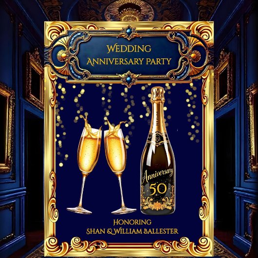 Wedding Anniversary Party Gold Blue Champagne 招待状
