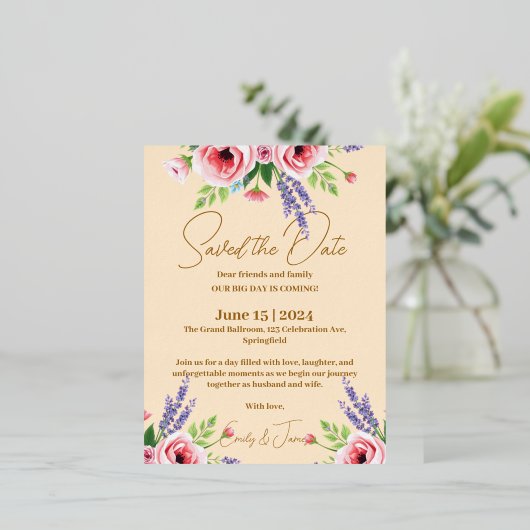 Wedding announcement, Floral invitation 箔招待状ポストカード (立ち正面)