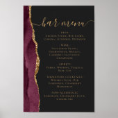 Wedding Bar Menu Burgundy Gold Agate Dark ポスター (正面)