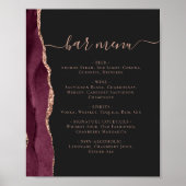 Wedding Bar Menu Burgundy Rose Gold Agate Dark ポスター (正面)