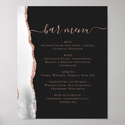 Wedding Bar Menu Gray Rose Gold Agate Dark ポスター (正面)