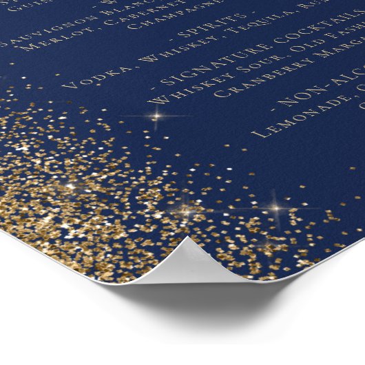 Wedding Bar Menu Navy Blue Gold Glitter ポスター (角)