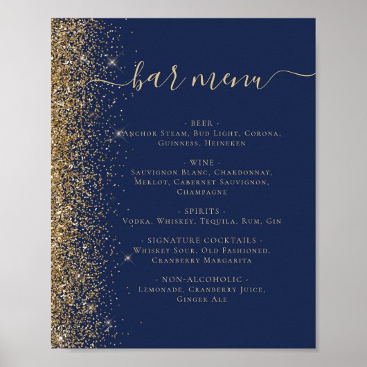 Wedding Bar Menu Navy Blue Gold Glitter ポスター (正面)