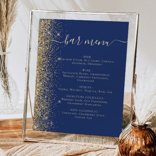 Wedding Bar Menu Navy Blue Gold Glitter ポスター