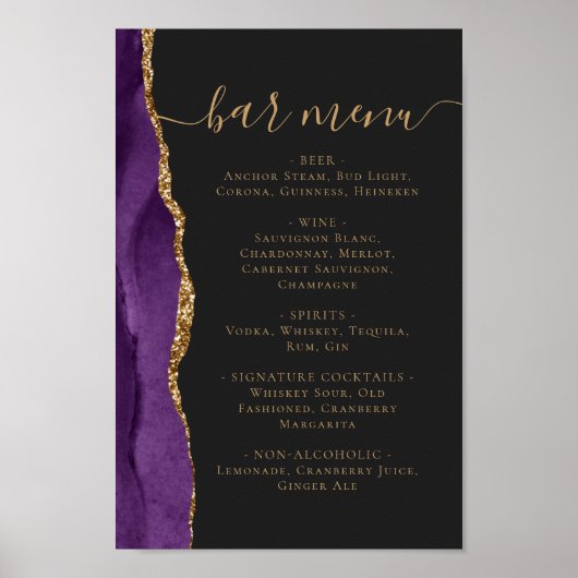 Wedding Bar Menu Purple Gold Agate Dark ポスター (正面)