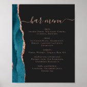 Wedding Bar Menu Teal Blue Rose Gold Agate Dark ポスター (正面)