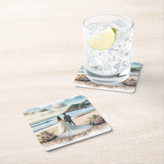 Wedding Beach Couple スクエアペーパーコースター (インサイチュ)