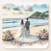 Wedding Beach Couple スクエアペーパーコースター (正面)