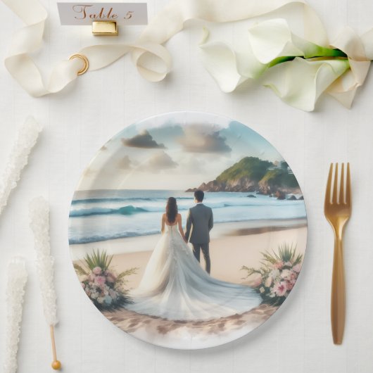 Wedding Beach Couple ペーパープレート (ウェディング)