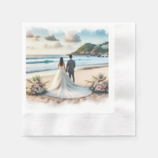 Wedding Beach Couple 縁ありカクテルナプキン (正面)