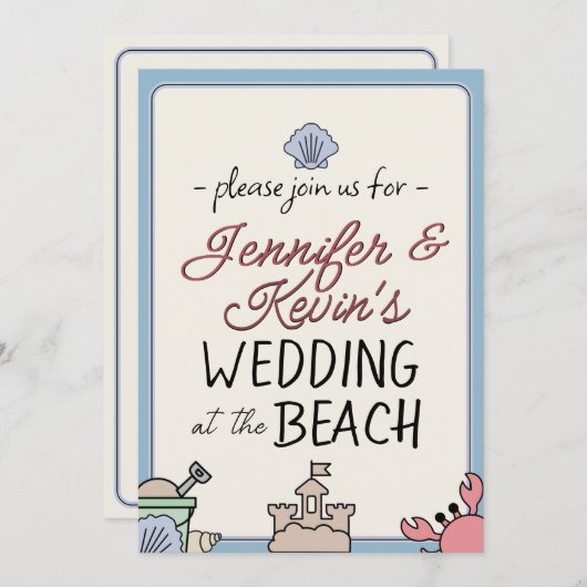 Wedding Beach Party Invite Cute Sandcastle Crab  招待状 (正面/裏面)